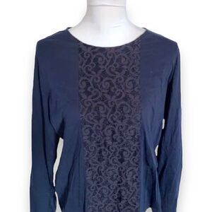 Lauren Ralph‎ Lauren Top Women’s Extra Small XS Navy Lace Panel Boatneck Blouse